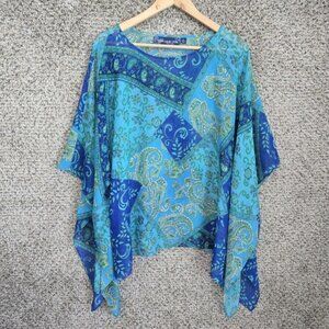 Susan Graver Top Womens XL Blue Paisley Print Blouse Sheer Poncho Casual Ladies